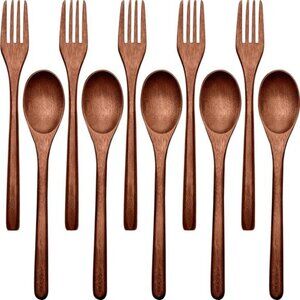 (10 Pack) Wooden Spoons Forks Set Wooden Utensils for Eating Wood Dinner Utensil